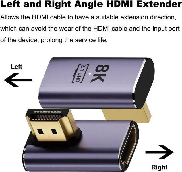 Alt view image 3 of 6 - 8K HDMI 2.1 Right Angle Adapter (2 Pack), Left&Right 90 Degree and 270 Degree HDMI Male to HDMI Female Extender Connector Aluminum Alloy