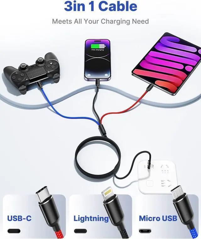 Alt view image 5 of 7 - Multi Charger Cable, Nylon Braided Universal 3 in 1 Multiple Ports Devices USB Charging Cord with USB Type C/Micro USB Connectors for Phones Tablets - 1.1Ft, 2Pack