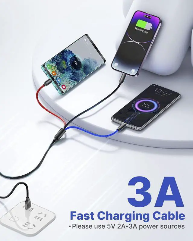 Alt view image 2 of 7 - Multi Charger Cable, Nylon Braided Universal 3 in 1 Multiple Ports Devices USB Charging Cord with USB Type C/Micro USB Connectors for Phones Tablets - 1.1Ft, 2Pack