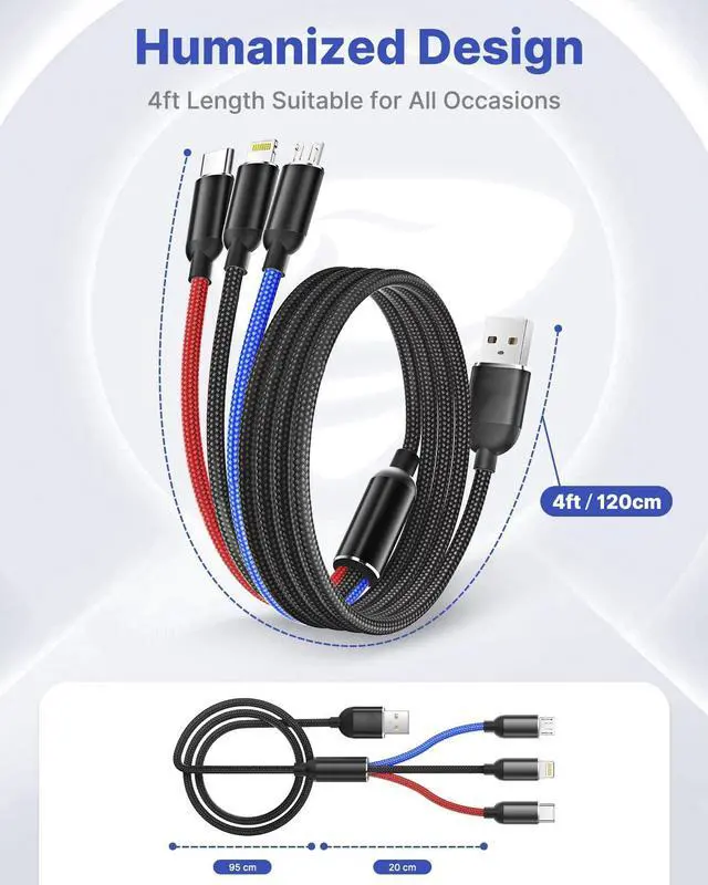 Alt view image 6 of 7 - Multi Charger Cable, Nylon Braided Universal 3 in 1 Multiple Ports Devices USB Charging Cord with USB Type C/Micro USB Connectors for Phones Tablets - 1.1Ft, 2Pack