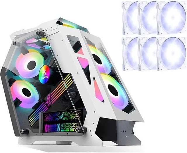 Alt view image 4 of 4 - CORN Opened(Not Dustproof) PC Case, Tempered Glass Gaming Desktop Computer Case, Micro ATX/Mini ITX with Light Board(Se7en) and 120mm Fan*6 , Support 240 Liquid Cooling, Unique Appearance White