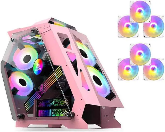 Alt view image 3 of 3 - CORN Opened(Not Dustproof) PC Case, Tempered Glass Gaming Desktop Computer Case, Micro ATX/Mini ITX with ROG Light Board and 120mm Fan*6, Support 240 Liquid Cooling, Unique Appearance Pink