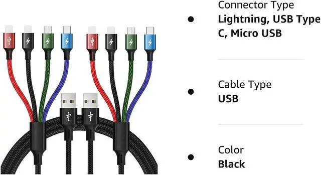 Alt view image 7 of 7 - Multi Charging Cable 3A Multi Charger Cable Braided 4 in 1 Charging Cable Multi USB Cable Fast Charging Cord with IP/Type C/Micro USB Port for Cell Phones/Tablets/Samsung Galaxy/LG & More(2Pack 4Ft)