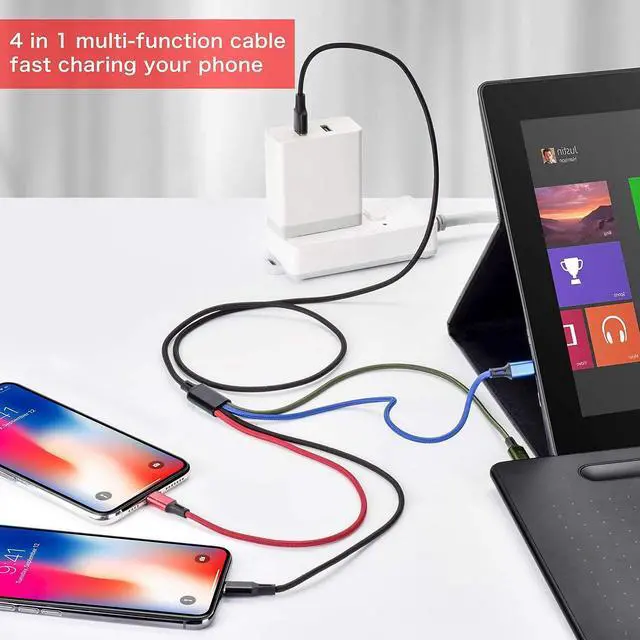 Alt view image 3 of 7 - Multi Charging Cable 3A Multi Charger Cable Braided 4 in 1 Charging Cable Multi USB Cable Fast Charging Cord with IP/Type C/Micro USB Port for Cell Phones/Tablets/Samsung Galaxy/LG & More(2Pack 4Ft)