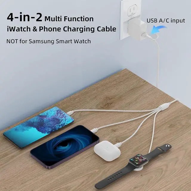Alt view image 2 of 5 - 4 in 2 Multi Charging Cable for iWatch/iPhone,USB C Cable Universal Travel Charger with 2xiOSPort Type C Compatible with iPhone iWatch Series SE/8/7/6/5/4/3/2/1 Samsung S23 S22 S21-4FT Black