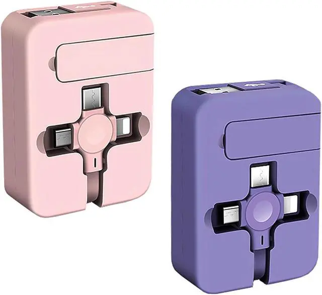 Main image of 2 Pack 3 in 1 Multi Retractable Charging Cable, Three in One Charging Cable Roll, Multi Retractable USB Cable Charger Cable with Micro USB IP Type C Connectors Pink / Violet
