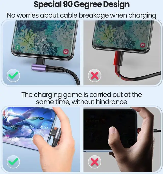 Alt view image 3 of 7 - 66W Multi Charging Cable 6A 4ft 3 in 1 Multi USB Fast Charging Cable 90 Degrees Durable Nylon Braided USB C Charging Cable