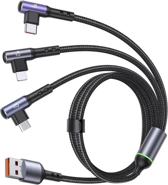 Main image of 66W Multi Charging Cable 6A 4ft 3 in 1 Multi USB Fast Charging Cable 90 Degrees Durable Nylon Braided USB C Charging Cable