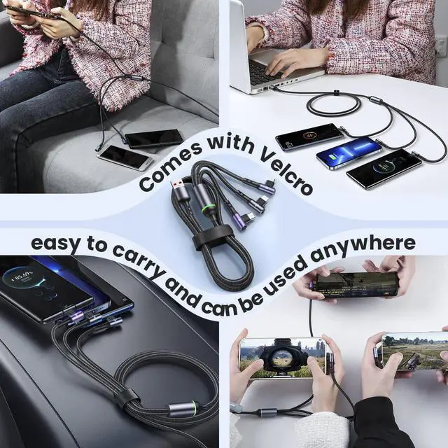 Alt view image 7 of 7 - 66W Multi Charging Cable 6A 4ft 3 in 1 Multi USB Fast Charging Cable 90 Degrees Durable Nylon Braided USB C Charging Cable