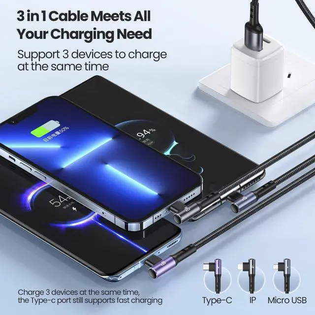 Alt view image 2 of 7 - 66W Multi Charging Cable 6A 4ft 3 in 1 Multi USB Fast Charging Cable 90 Degrees Durable Nylon Braided USB C Charging Cable