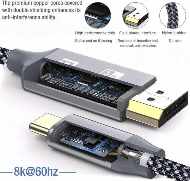 Alt view image 5 of 7 - USB C to DisplayPort 1.4 Cable | 8K@60Hz,4K@144Hz,2K@165Hz 6ft Type C to DP Braided Cord Compatible for MacBook Pro 2021,iPad Pro,iPhone 15 Series etc