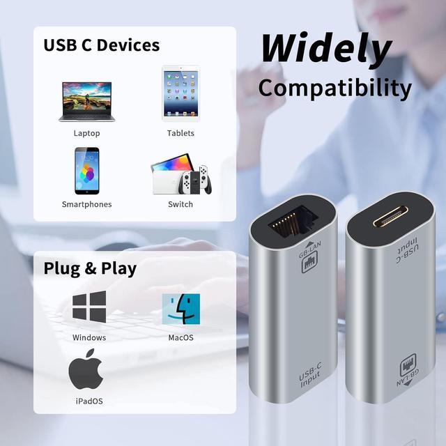 Alt view image 4 of 6 - USB C to Ethernet Adapter Gigabit, RJ45 Female to USB C Female Adapter, USB C to RJ45 Adapter Up to1000/ 100/10Mbps Ethernet LAN Network Adapter Compatible for iPad, MacBook Pro, 2Pack