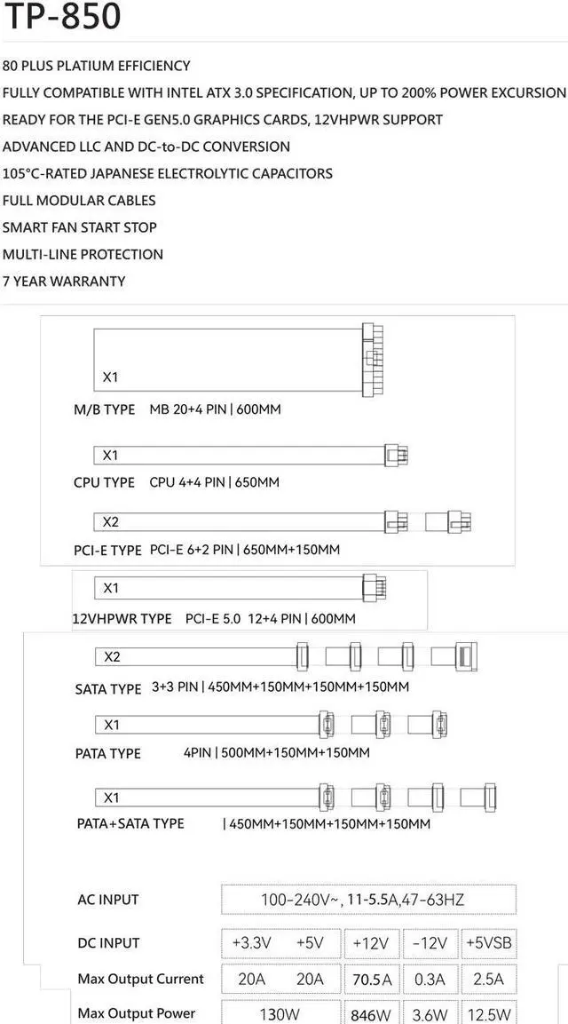 Alt view image 6 of 6 - TP850 850W 80 Plus Platinum Fully-Modular ATX3.0 PCI-E 5.0 for Thermalright