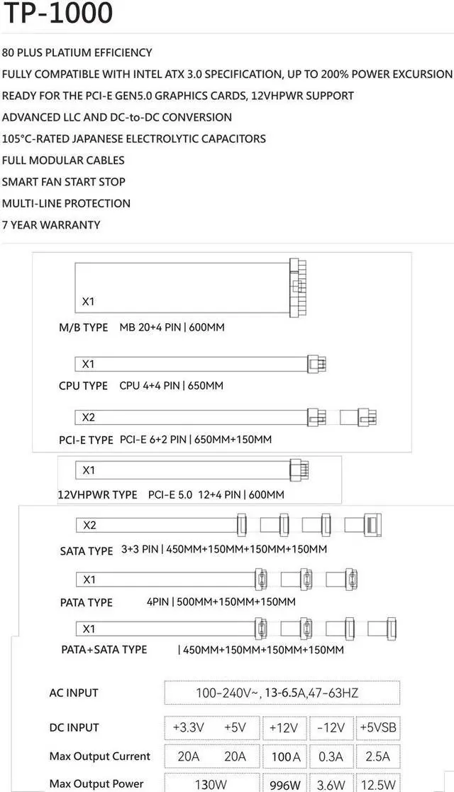 Alt view image 6 of 6 - TP-1000-W 1000W 80 Plus Platinum Fully-Modular ATX3.0 PCI-E 5.0 for Thermalright 1000W (White)