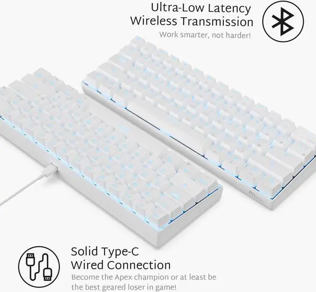 Alt view image 6 of 7 - CORN RK61 Mechanical Bluetooth 3.0 Wired/Wireless 61 Keys Multi-Device LED Backlit Gaming/Office 60 Keyboard for iOS, Android, Windows and Mac with Rechargeable Battery, Blue Switch - White