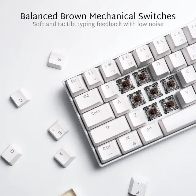 Alt view image 5 of 7 - CORN RK61 Mechanical Bluetooth 3.0 Wired/Wireless 61 Keys Multi-Device LED Backlit Gaming/Office 60 Keyboard for iOS, Android, Windows and Mac with Rechargeable Battery, Blue Switch - White