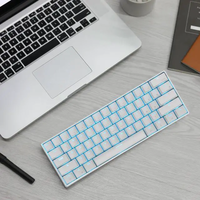 Alt view image 7 of 7 - CORN RK61 Mechanical Bluetooth 3.0 Wired/Wireless 61 Keys Multi-Device LED Backlit Gaming/Office 60 Keyboard for iOS, Android, Windows and Mac with Rechargeable Battery, Blue Switch - White