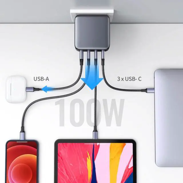 Alt view image 2 of 7 - 100W 4-Ports GaN Wall Charger with 3 Type C and 1 USB Ports, Compatible with MacBook pro, MacBook Air, iPad Pro, iPhone 15, 14 pro, Google Pixelbook(5ft 100W Charging Cable Included)