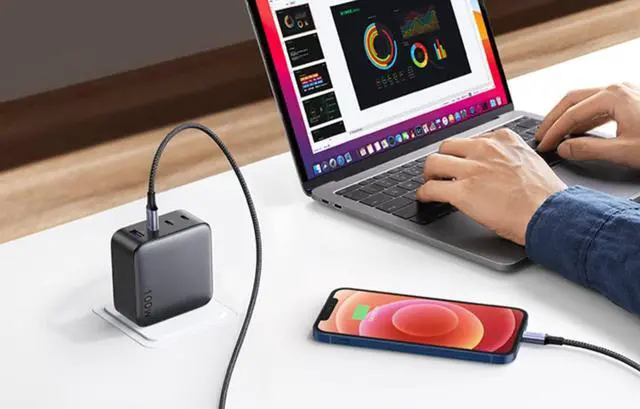 Alt view image 3 of 7 - 100W 4-Ports GaN Wall Charger with 3 Type C and 1 USB Ports, Compatible with MacBook pro, MacBook Air, iPad Pro, iPhone 15, 14 pro, Google Pixelbook(5ft 100W Charging Cable Included)