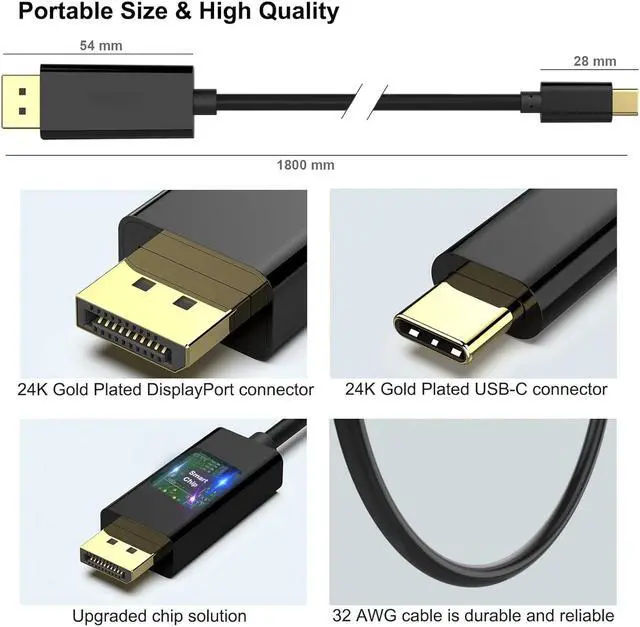 Alt view image 7 of 7 - USB C to DisplayPort 6 Feet Cable(4K@60Hz 2K@144Hz), USB Type-C to DP Adapter [Thunderbolt 3/4 Compatible] with iPhone 15 Pro/Max, MacBook Pro/Air 2023, iPad Pro, iMac, S23, XPS 17 and More