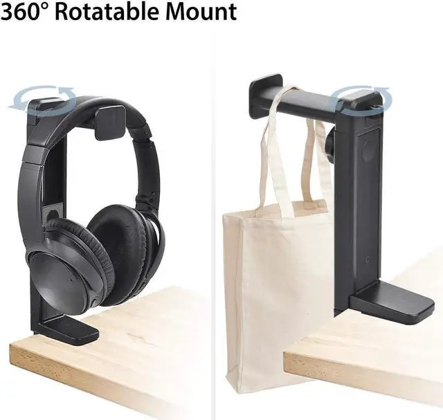 Alt view image 2 of 6 - Headphone Stand & Hanger 2 in 1, Above & Under Desk Gaming Headset Holder Mount Hook with Height Adjustable & Rotating Clamp, Earphone Rack with Cable Clip