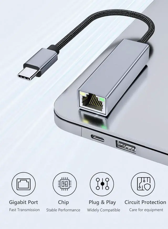 Alt view image 2 of 7 - USB-C to Ethernet Adapter, USB Type-C (Thunderbolt 3/4) to RJ45 Gigabit Ethernet LAN Network Adapter Compatible with iPhone 15 Pro/Max, MacBook Pro/Air 2023, iPad Pro,iMac, S23, XPS 17 and More