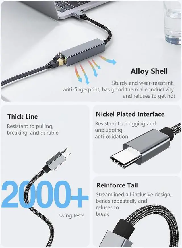 Alt view image 7 of 7 - USB-C to Ethernet Adapter, USB Type-C (Thunderbolt 3/4) to RJ45 Gigabit Ethernet LAN Network Adapter Compatible with iPhone 15 Pro/Max, MacBook Pro/Air 2023, iPad Pro,iMac, S23, XPS 17 and More