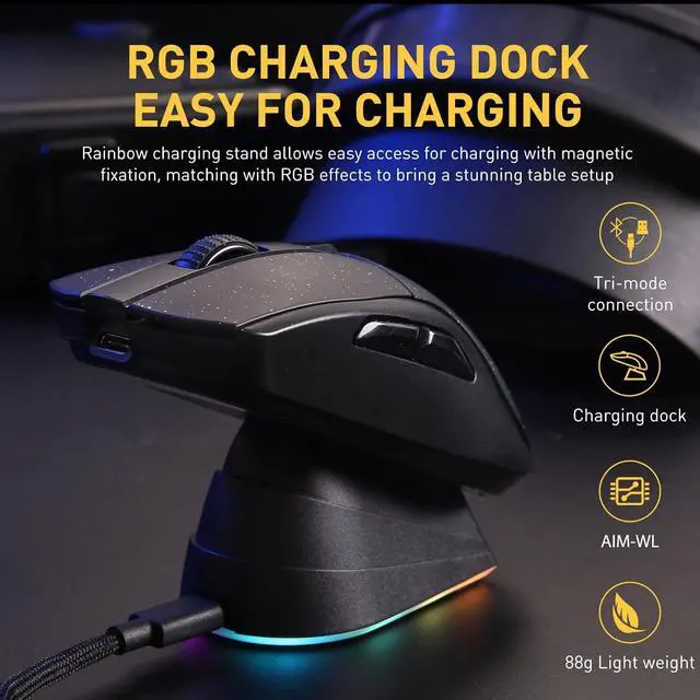 Alt view image 2 of 6 - CORN Wireless Gaming Mouse with RGB Charging Dock,High-Precision Sensor,Programmable Side Buttons and 120Hr Long-Lasting Battery,Up to 12K DPI,Great for PC Gaming Tablet Mac DAREU