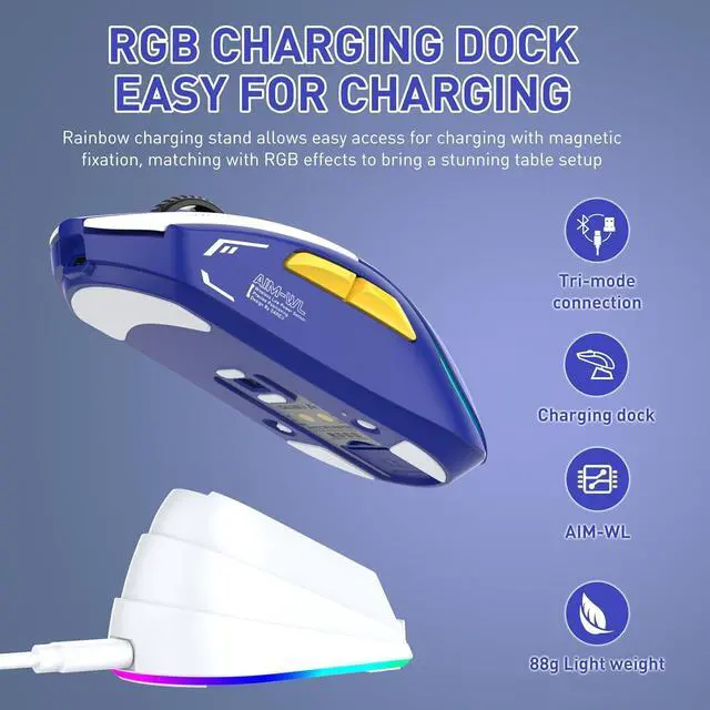 Alt view image 2 of 6 - CORN Wireless Gaming Mouse with RGB Charging Dock,High-Precision Sensor,Programmable Side Buttons and 120Hr Long-Lasting Battery,Up to 12K DPI,Great for PC Gaming Tablet Mac DAREU Blue