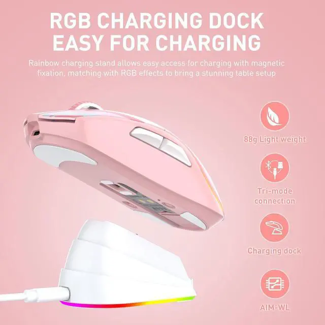 Alt view image 2 of 6 - CORN Wireless Gaming Mouse with RGB Charging Dock,High-Precision Sensor,Programmable Side Buttons and 120Hr Long-Lasting Battery,Up to 12K DPI,Great for PC Gaming Tablet Mac DAREU Pink