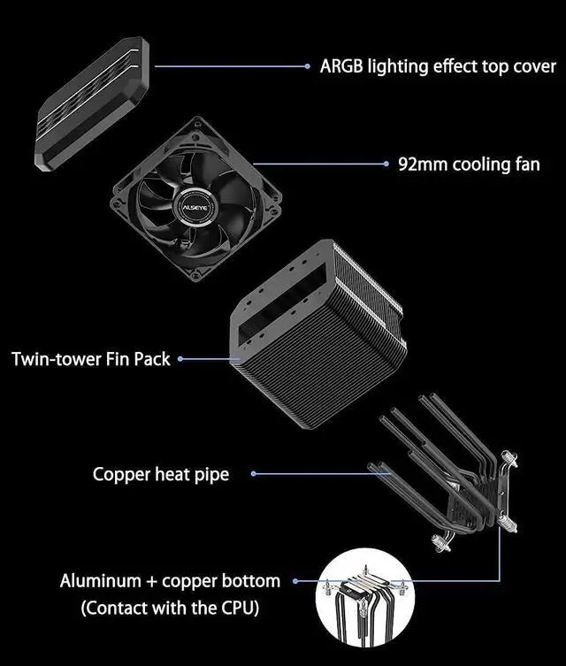Alt view image 7 of 7 - ALSEYE M90 CPU Cooler, Hidden Fan Designed Dual Tower Air-Cooled CPU Cooler with ARGB Light Effect Cover Compatible with Both Intel and AMD Platform, LGA1700 Supported (M90 Black)
