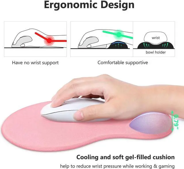 Alt view image 3 of 6 - Mouse Pad, Ergonomic Mouse Pad with Comfortable Gel Wrist Rest Support and Lycra Cloth, Non-Slip PU Base for Easy Typing Pain Relief, Durable and Washable, Pink