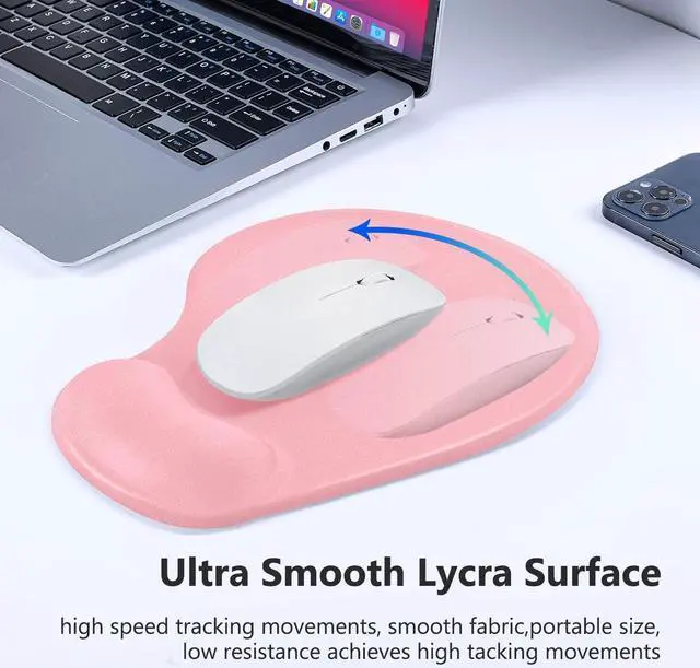 Alt view image 5 of 6 - Mouse Pad, Ergonomic Mouse Pad with Comfortable Gel Wrist Rest Support and Lycra Cloth, Non-Slip PU Base for Easy Typing Pain Relief, Durable and Washable, Pink