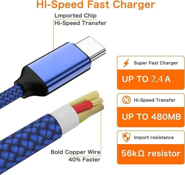 Alt view image 4 of 5 - USB Type C Cable,USB A to USB C 2.4A Fast Charging (3.3ft 2-Pack) Braided Charge Cord Compatible with Samsung Galaxy S10 S9 S8 Plus,Note 9 8,A11 A20 A51,LG G6 G7 V30 V35,Moto Z2 Z3,USB C Charger(Blue)