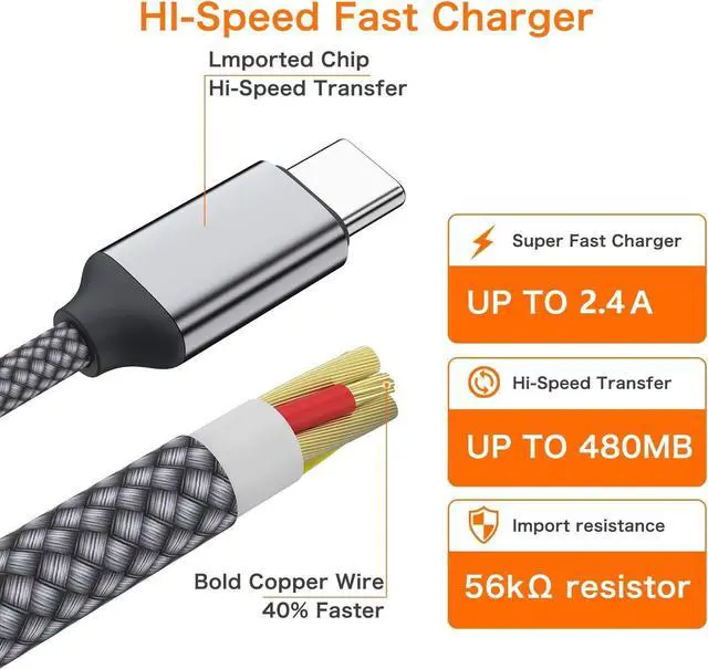 Alt view image 4 of 5 - USB Type C Cable,USB A to USB C 2.4A Fast Charging (3.3ft 2-Pack) Braided Charge Cord Compatible with Samsung Galaxy S10 S9 S8 Plus,Note 9 8,A11 A20 A51,LG G6 G7 V30 V35,Moto Z2 Z3,USB C Charger(Grey)
