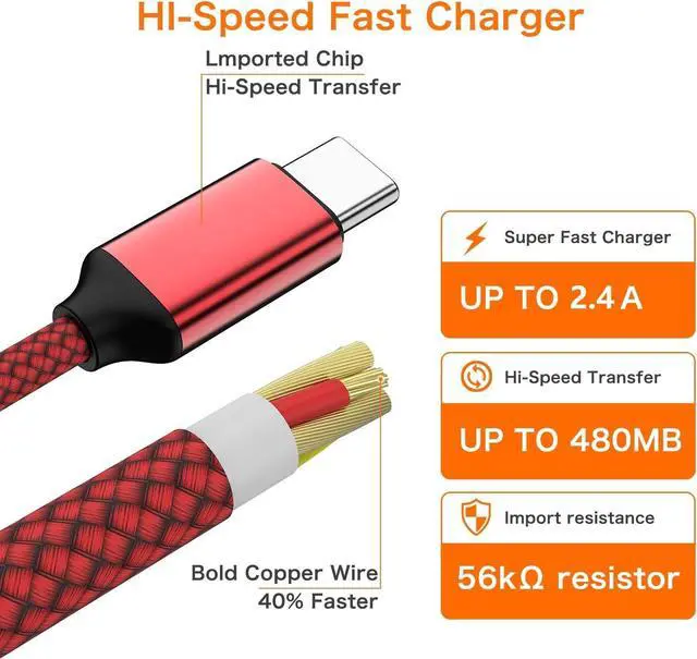 Alt view image 4 of 5 - USB Type C Cable,USB A to USB C 2.4A Fast Charging (3.3ft 2-Pack) Braided Charge Cord Compatible with Samsung Galaxy S10 S9 S8 Plus,Note 9 8,A11 A20 A51,LG G6 G7 V30 V35,Moto Z2 Z3,USB C Charger (Red)