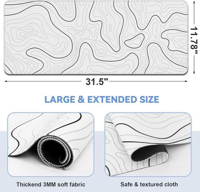 Alt view image 6 of 6 - Large Gaming Mouse Pad Desk Pad 31.5 x 11.8in Black and White Mouse Pad for Keyboard, Topographic Mouse Pad with Anti-Slip Rubber Base, Extended Mouse Pad XL Keyboard Pad for Mouse