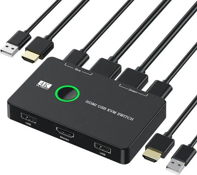 Main image of KVM Switch HDMI 2 Port Box,CORN USB and HDMI Switch for 2 Computers Share Keyboard Mouse Printer and one HD Monitor,Support UHD 4K@60Hz,with 2 USB Cable and 2 HDMI Cable
