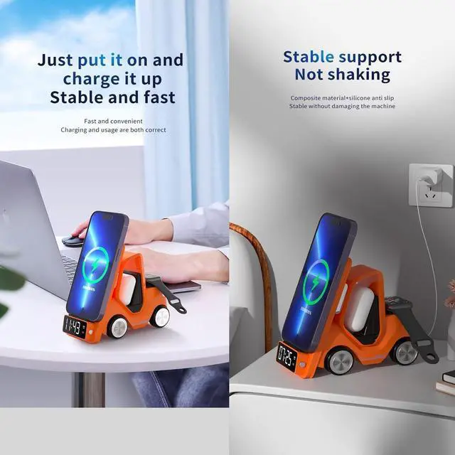 Alt view image 7 of 7 - 6 in 1 Forklift Wireless Charging Station, fast Multifunctional Wireless Desktop Charger Stand for iPhone 15/14/13/12 Series, AirPods Pro/3/2, Apple Watch/iWatch Support Alarm Clock Light (Orange)