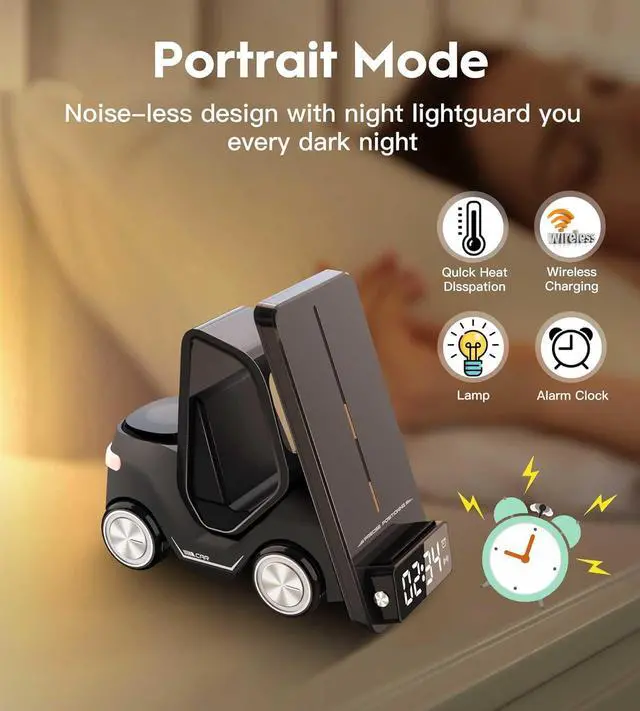 Alt view image 6 of 7 - 6 in 1 Forklift Wireless Charging Station, fast Multifunctional Wireless Desktop Charger Stand for iPhone 15/14/13/12 Series, AirPods Pro/3/2, Apple Watch/iWatch Support Alarm Clock Light (Grey)