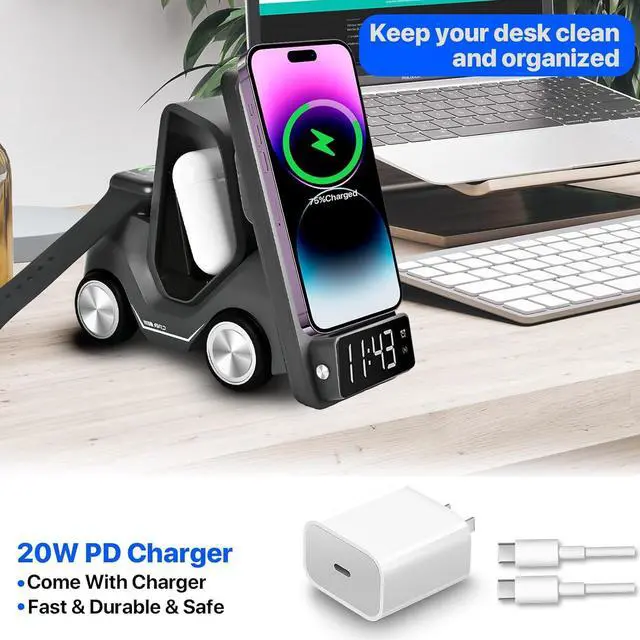 Alt view image 3 of 7 - 6 in 1 Forklift Wireless Charging Station, fast Multifunctional Wireless Desktop Charger Stand for iPhone 15/14/13/12 Series, AirPods Pro/3/2, Apple Watch/iWatch Support Alarm Clock Light (Grey)
