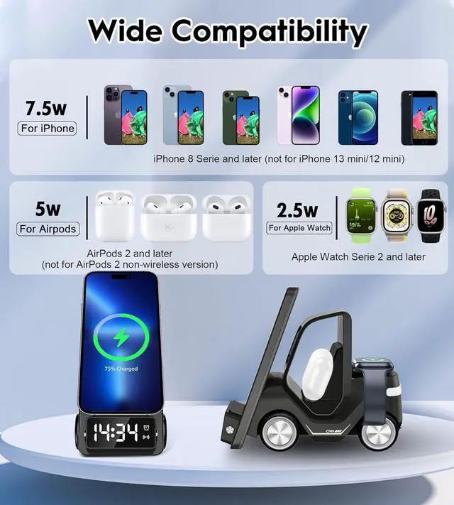 Alt view image 2 of 7 - 6 in 1 Forklift Wireless Charging Station, fast Multifunctional Wireless Desktop Charger Stand for iPhone 15/14/13/12 Series, AirPods Pro/3/2, Apple Watch/iWatch Support Alarm Clock Light (Grey)