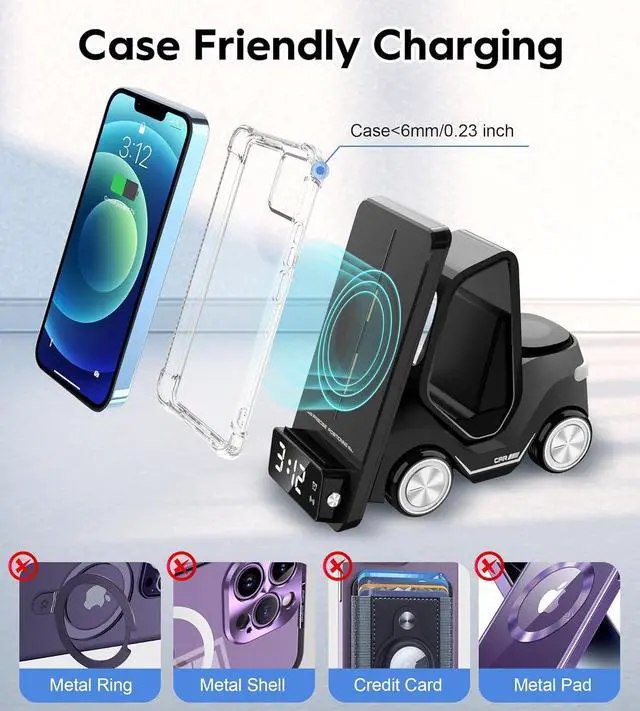 Alt view image 7 of 7 - 6 in 1 Forklift Wireless Charging Station, fast Multifunctional Wireless Desktop Charger Stand for iPhone 15/14/13/12 Series, AirPods Pro/3/2, Apple Watch/iWatch Support Alarm Clock Light (Grey)