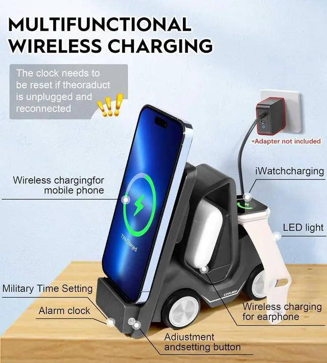 Alt view image 5 of 7 - 6 in 1 Forklift Wireless Charging Station, fast Multifunctional Wireless Desktop Charger Stand for iPhone 15/14/13/12 Series, AirPods Pro/3/2, Apple Watch/iWatch Support Alarm Clock Light (Grey)