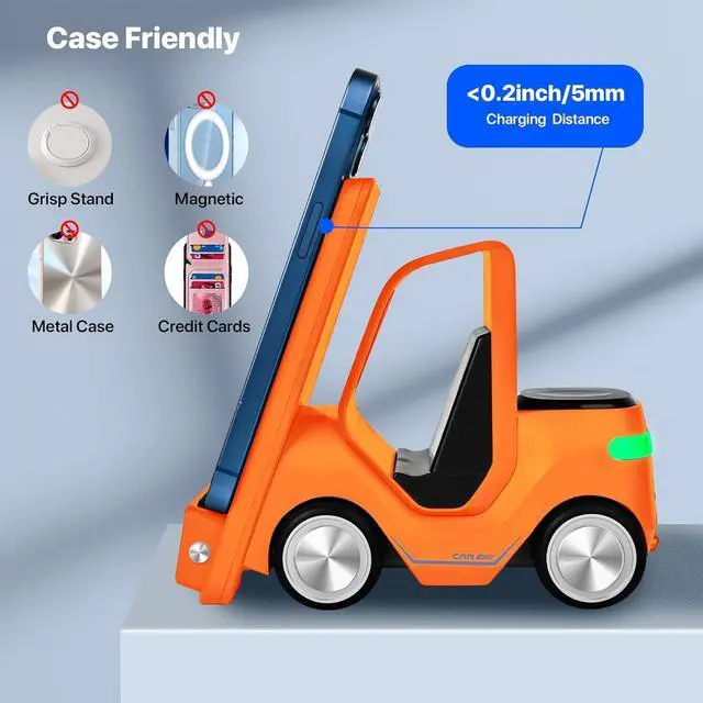 Alt view image 4 of 7 - 6 in 1 Forklift Wireless Charging Station, fast Multifunctional Wireless Desktop Charger Stand for iPhone 15/14/13/12 Series, AirPods Pro/3/2, Apple Watch/iWatch Support Alarm Clock Light (Orange)