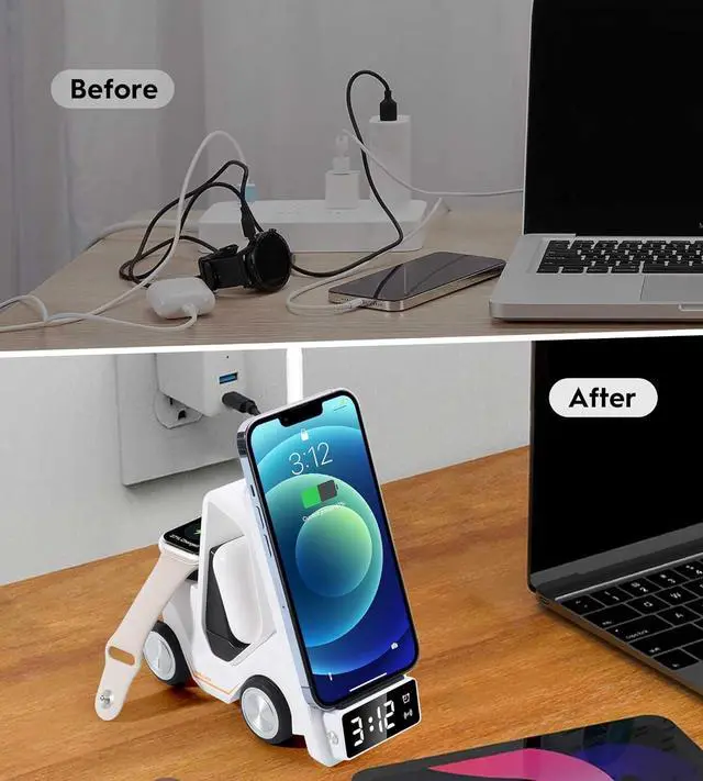 Alt view image 7 of 7 - 6 in 1 Forklift Wireless Charging Station, fast Multifunctional Wireless Desktop Charger Stand for iPhone 15/14/13/12 Series, AirPods Pro/3/2, Apple Watch/iWatch Support Alarm Clock Light (White)