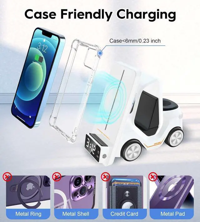 Alt view image 6 of 7 - 6 in 1 Forklift Wireless Charging Station, fast Multifunctional Wireless Desktop Charger Stand for iPhone 15/14/13/12 Series, AirPods Pro/3/2, Apple Watch/iWatch Support Alarm Clock Light (White)