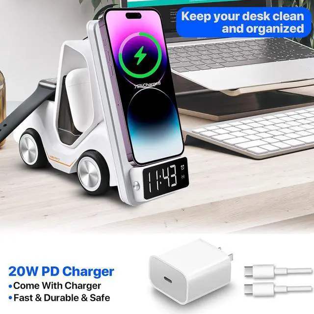 Alt view image 3 of 7 - 6 in 1 Forklift Wireless Charging Station, fast Multifunctional Wireless Desktop Charger Stand for iPhone 15/14/13/12 Series, AirPods Pro/3/2, Apple Watch/iWatch Support Alarm Clock Light (White)