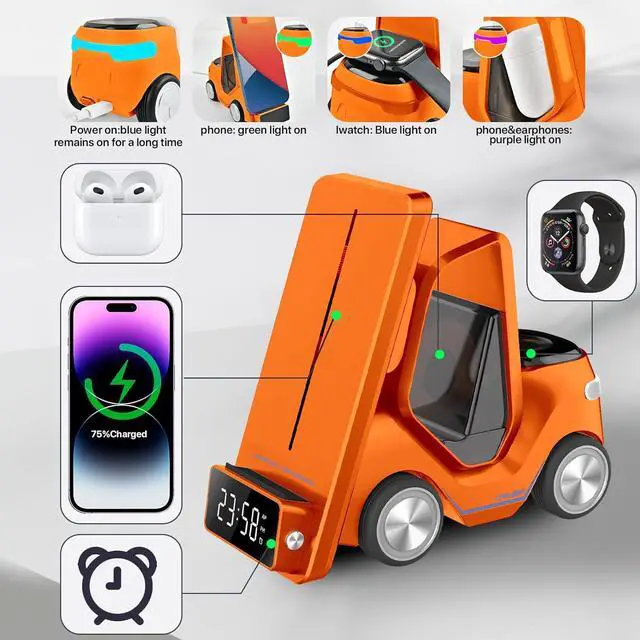 Alt view image 5 of 7 - 6 in 1 Forklift Wireless Charging Station, fast Multifunctional Wireless Desktop Charger Stand for iPhone 15/14/13/12 Series, AirPods Pro/3/2, Apple Watch/iWatch Support Alarm Clock Light (Orange)