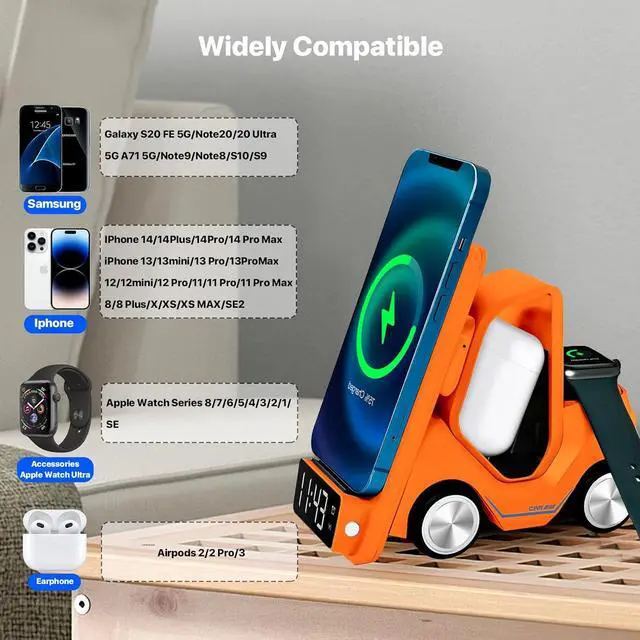 Alt view image 3 of 7 - 6 in 1 Forklift Wireless Charging Station, fast Multifunctional Wireless Desktop Charger Stand for iPhone 15/14/13/12 Series, AirPods Pro/3/2, Apple Watch/iWatch Support Alarm Clock Light (Orange)